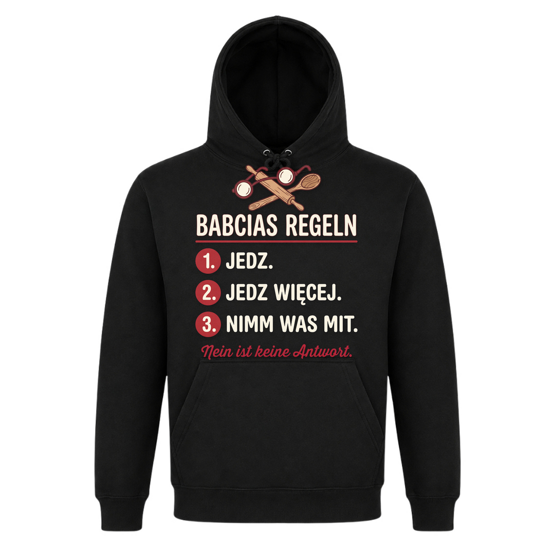 Babcias Regeln Unisex Hoodie in Schwarz – Vorderseite – polnischer Spruch