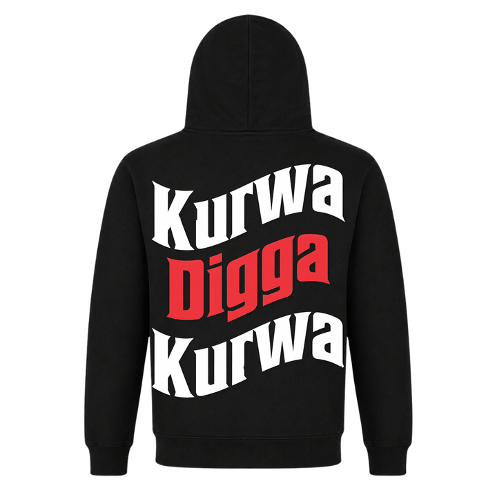 Kurwa Digga Kurwa Unisex Hoodie in Schwarz – Rückseite mit Rückendruck – polnischer Spruch