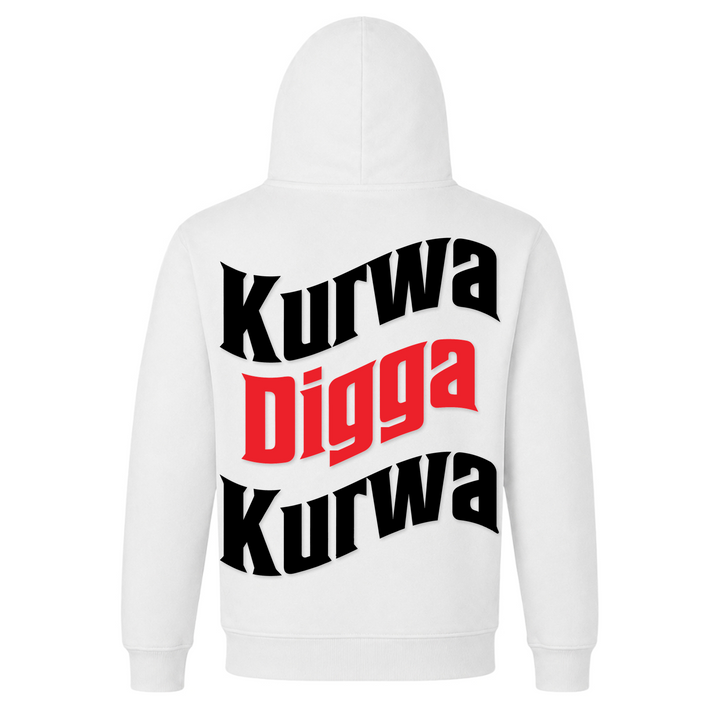 Kurwa Digga Kurwa Unisex Hoodie in Weiß – Rückseite mit Rückendruck – polnischer Spruch