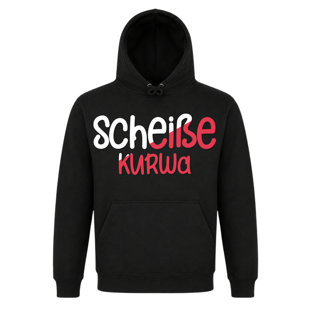 Scheiße Kurwa Unisex Hoodie in Schwarz – Vorderseite – polnischer Spruch
