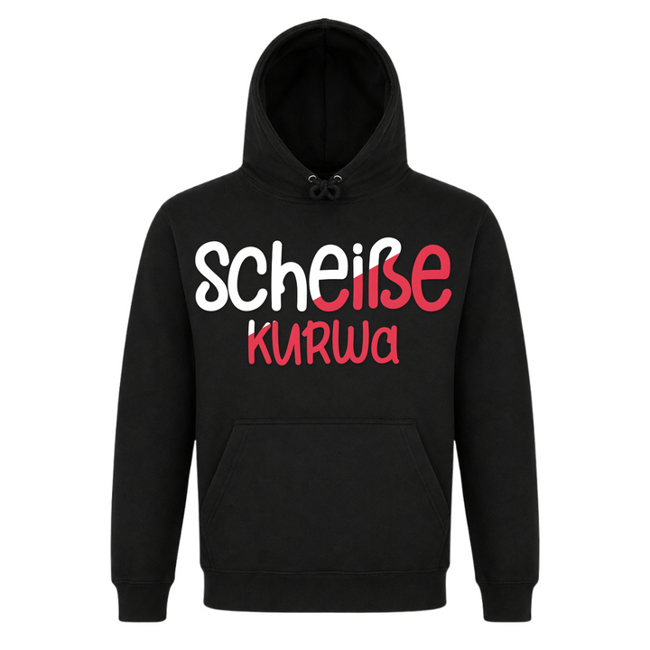 Scheiße Kurwa Unisex Hoodie in Schwarz – Vorderseite – polnischer Spruch