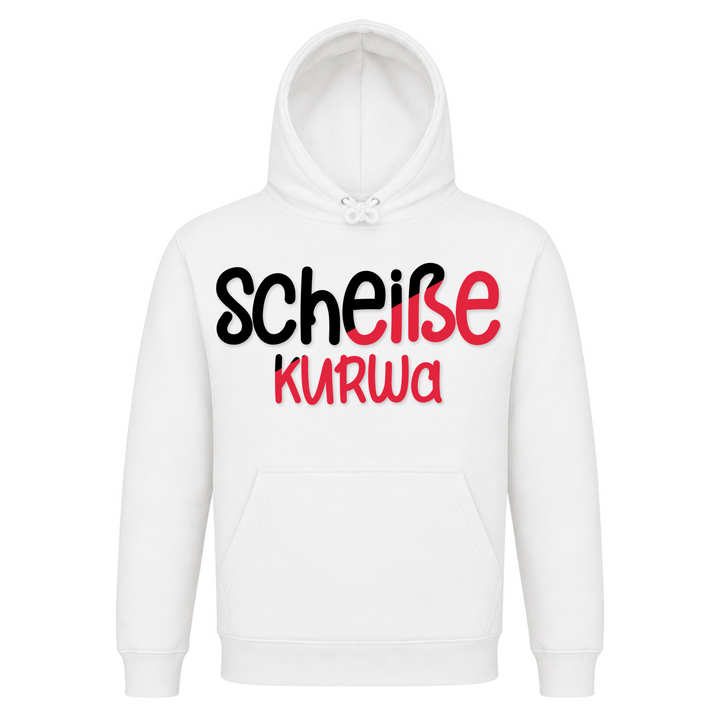 Scheiße Kurwa Unisex Hoodie in Weiß – Vorderseite – polnischer Spruch