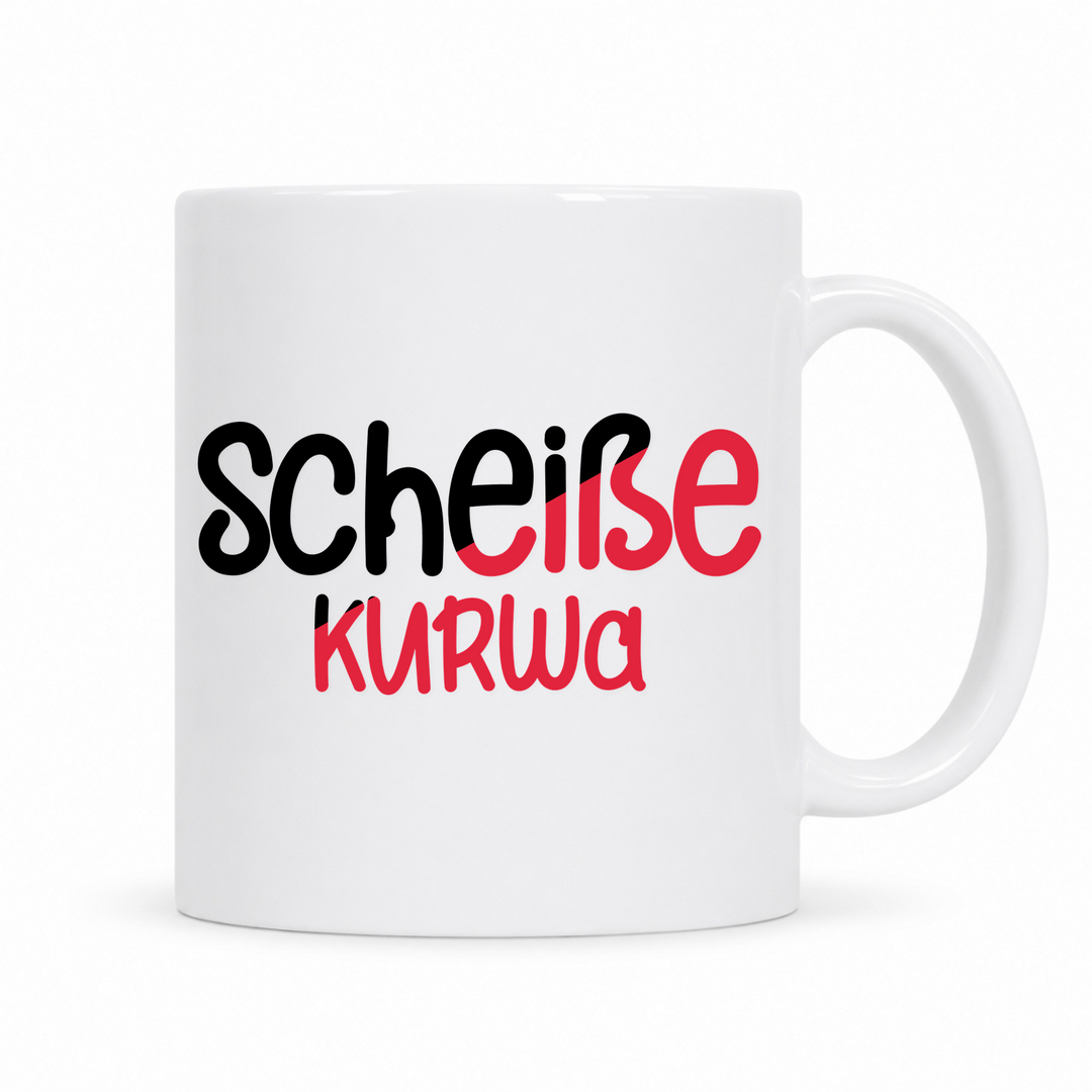 Scheiße Kurwa Tasse – weiße Keramiktasse mit polnischem Spruch