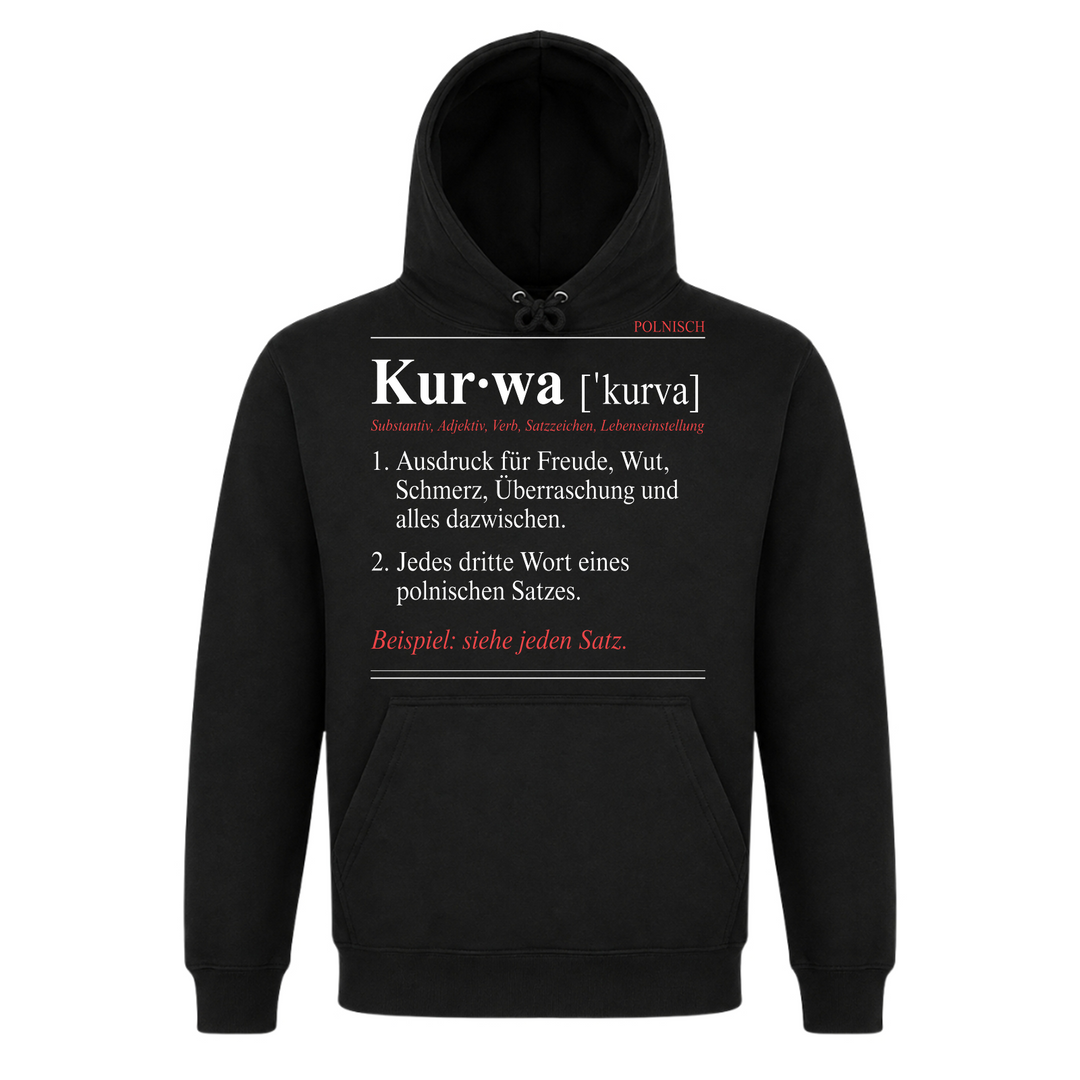 Kurwa Definition Unisex Hoodie in Schwarz – Vorderseite – polnischer Spruch