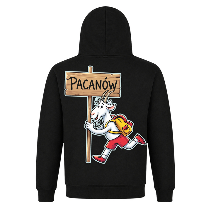 Pacanów Premium Unisex Hoodie in Schwarz – Rückseite mit Rückendruck – polnischer Spruch