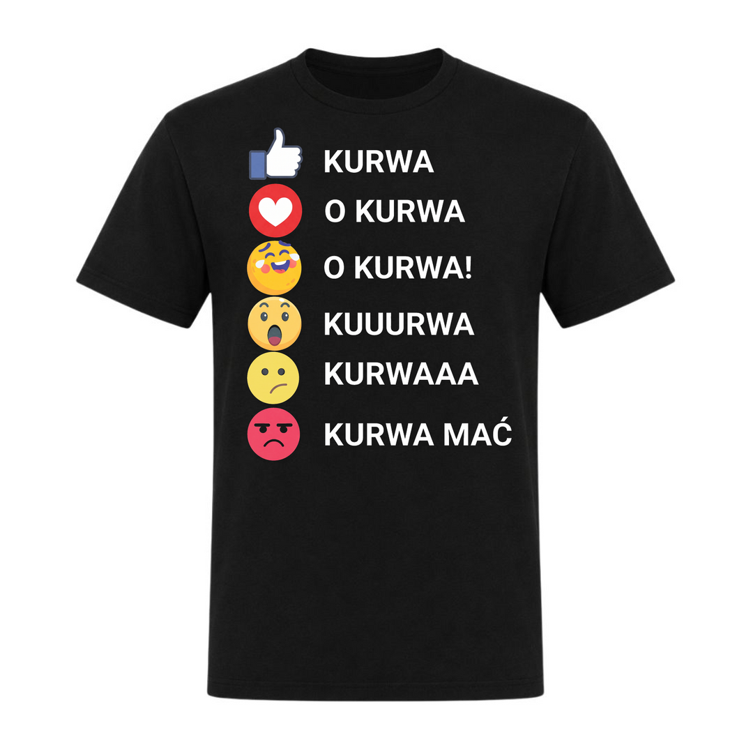 Kurwa Reaktionen Unisex T-Shirt in Schwarz – Vorderseite – polnischer Spruch