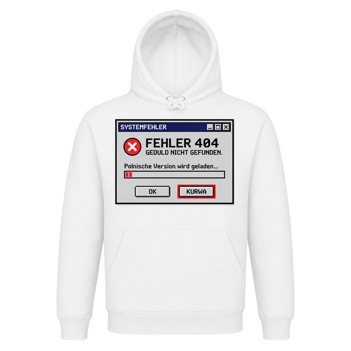Systemfehler Kurwa Unisex Hoodie in Weiß – Vorderseite – polnischer Spruch