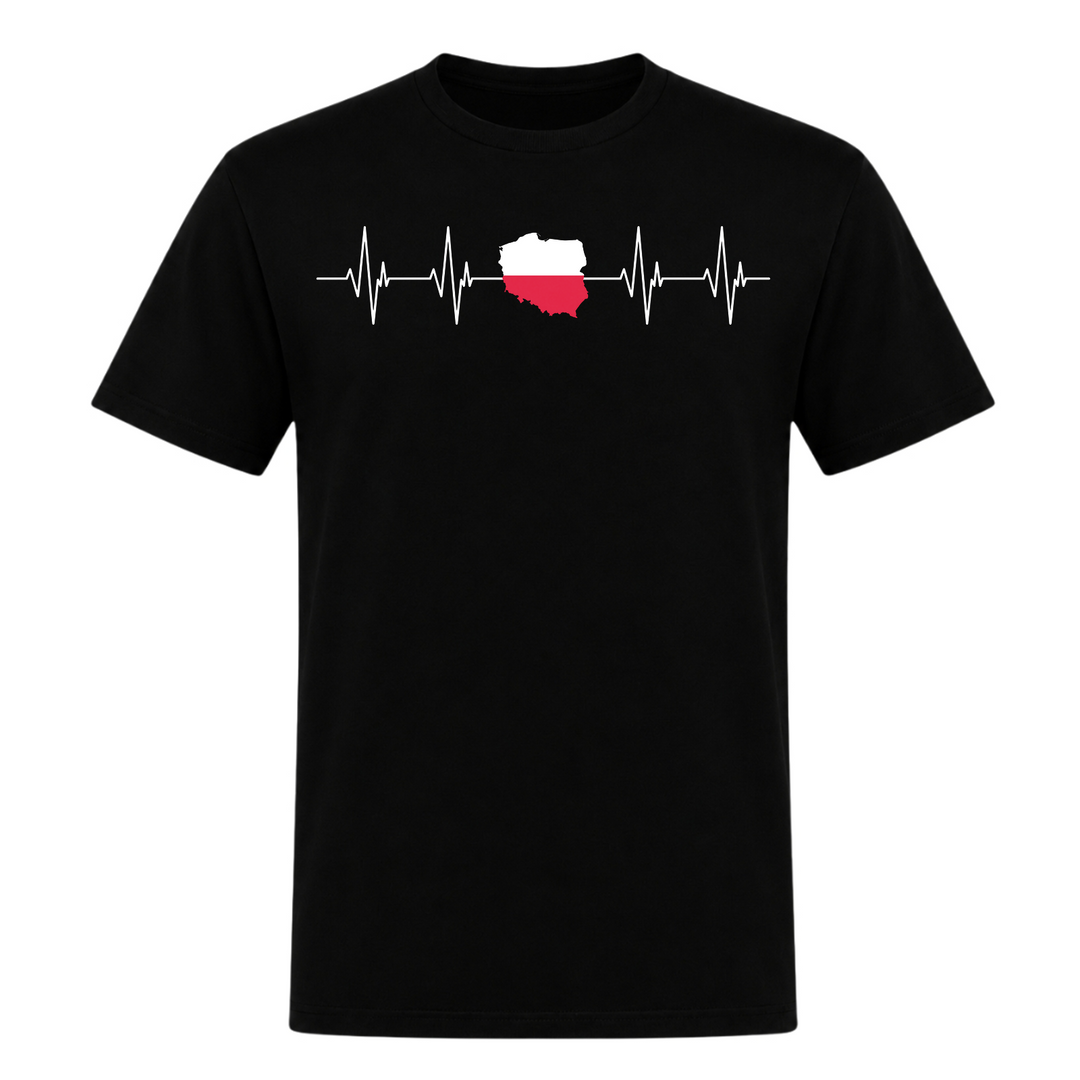 Herzschlag Polska Unisex T-Shirt in Schwarz – Vorderseite – polnischer Spruch