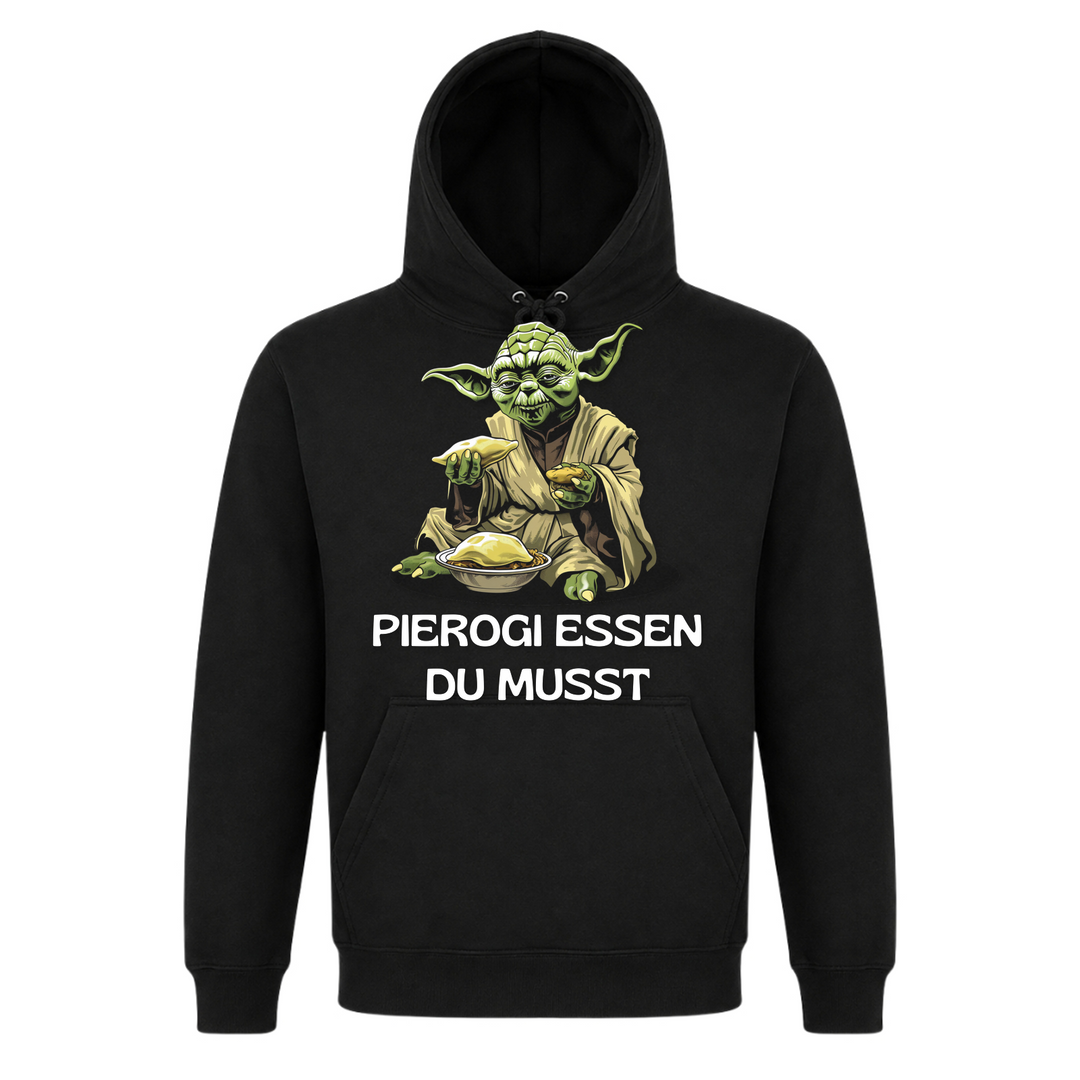 Pierogi essen du musst Unisex Hoodie in Schwarz – Vorderseite – polnischer Spruch