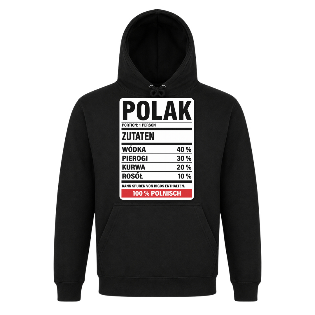 Polak Zutaten Unisex Hoodie in Schwarz – Vorderseite – polnischer Spruch