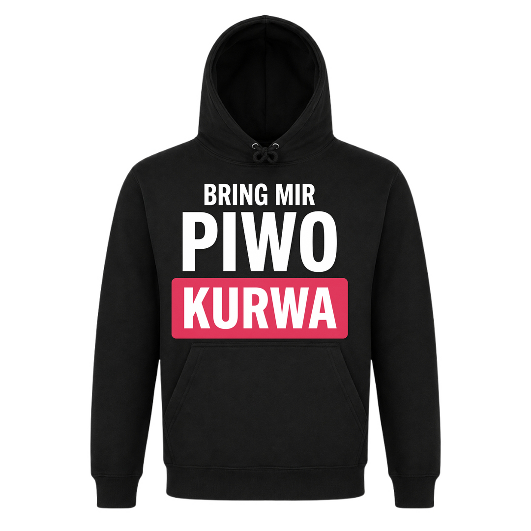 Bring mir Piwo Kurwa Premium Unisex Hoodie in Schwarz – Vorderseite – polnischer Spruch