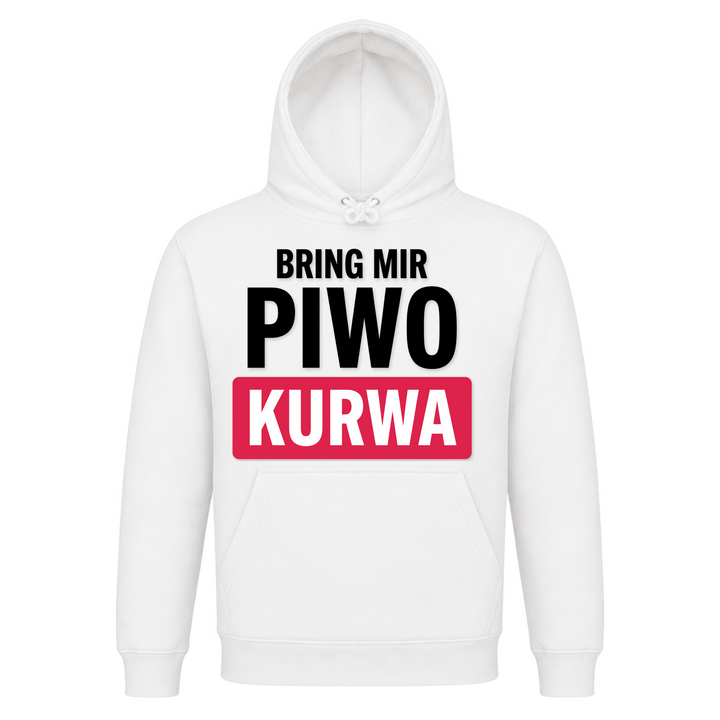 Bring mir Piwo Kurwa Premium Unisex Hoodie in Weiß – Vorderseite – polnischer Spruch