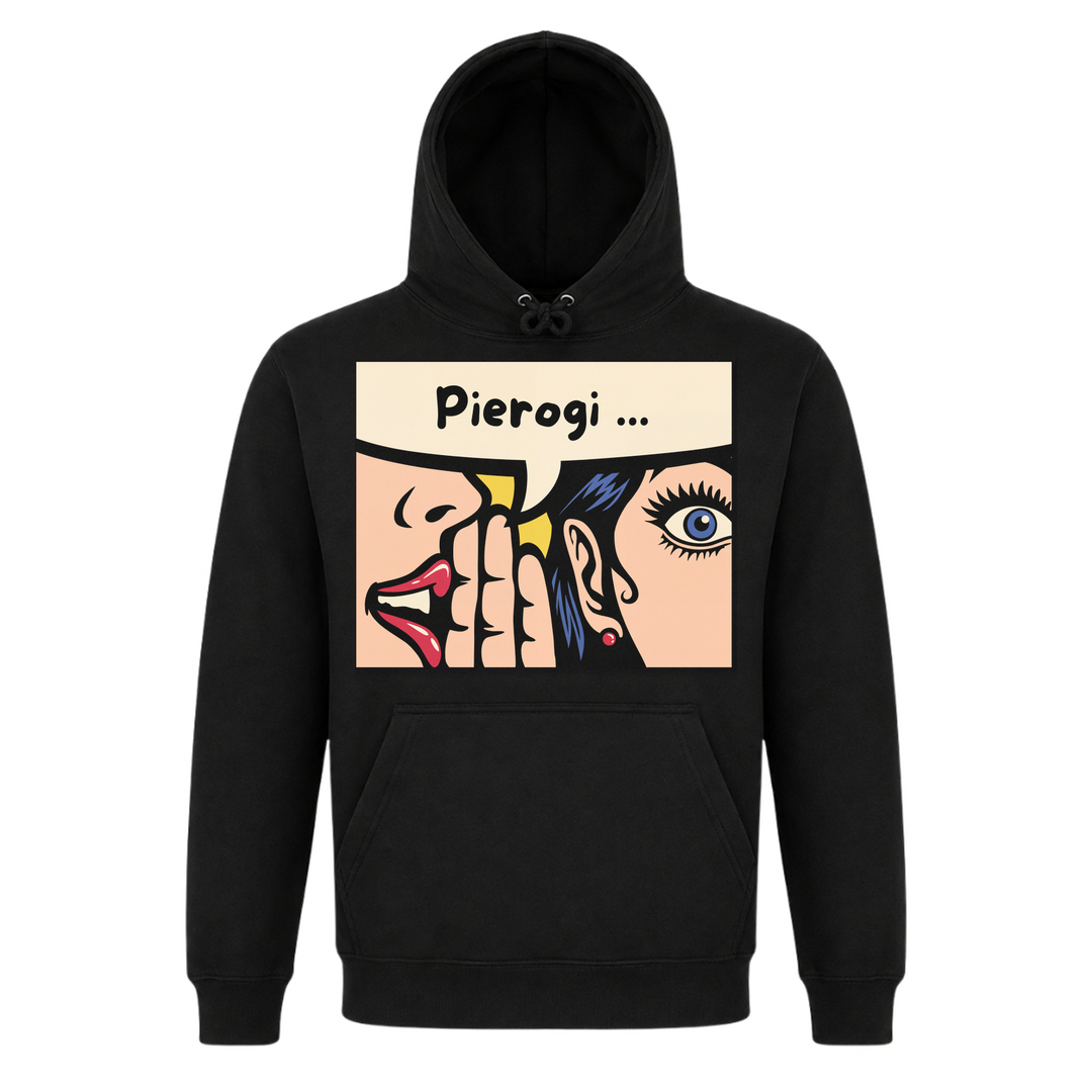 Pierogi Pop Art Unisex Hoodie in Schwarz – Vorderseite – polnischer Spruch