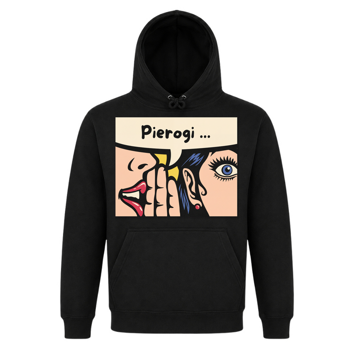 Pierogi Pop Art Unisex Hoodie in Schwarz – Vorderseite – polnischer Spruch