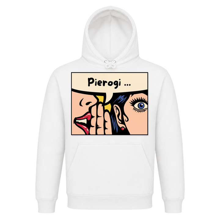 Pierogi Pop Art Unisex Hoodie in Weiß – Vorderseite – polnischer Spruch