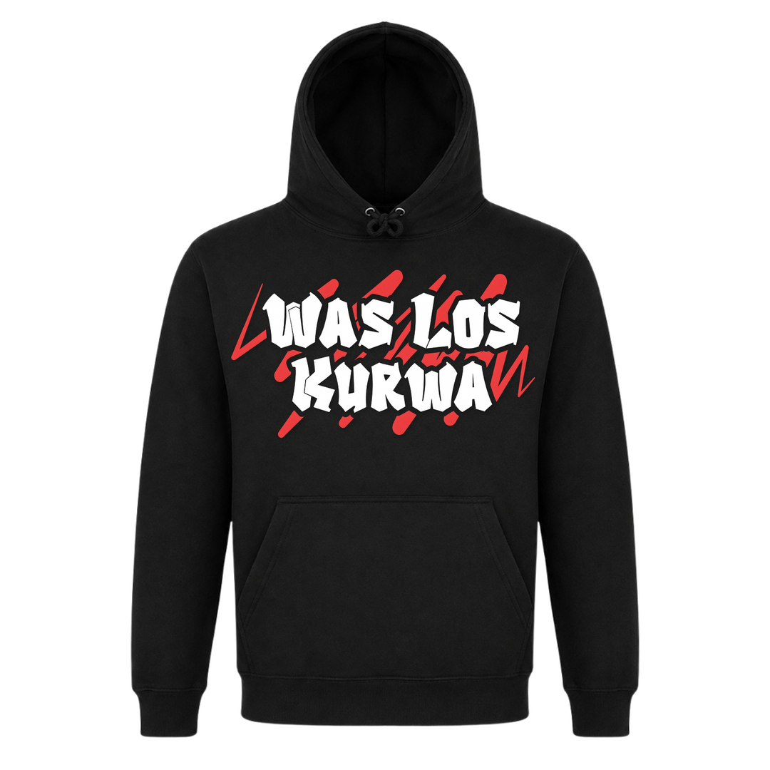 Was los Kurwa Graffiti Unisex Hoodie in Schwarz – Vorderseite – polnischer Spruch