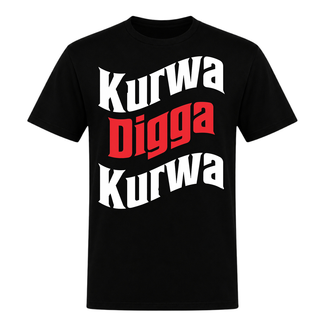 Kurwa Digga Kurwa Unisex T-Shirt in Schwarz – Vorderseite – polnischer Spruch