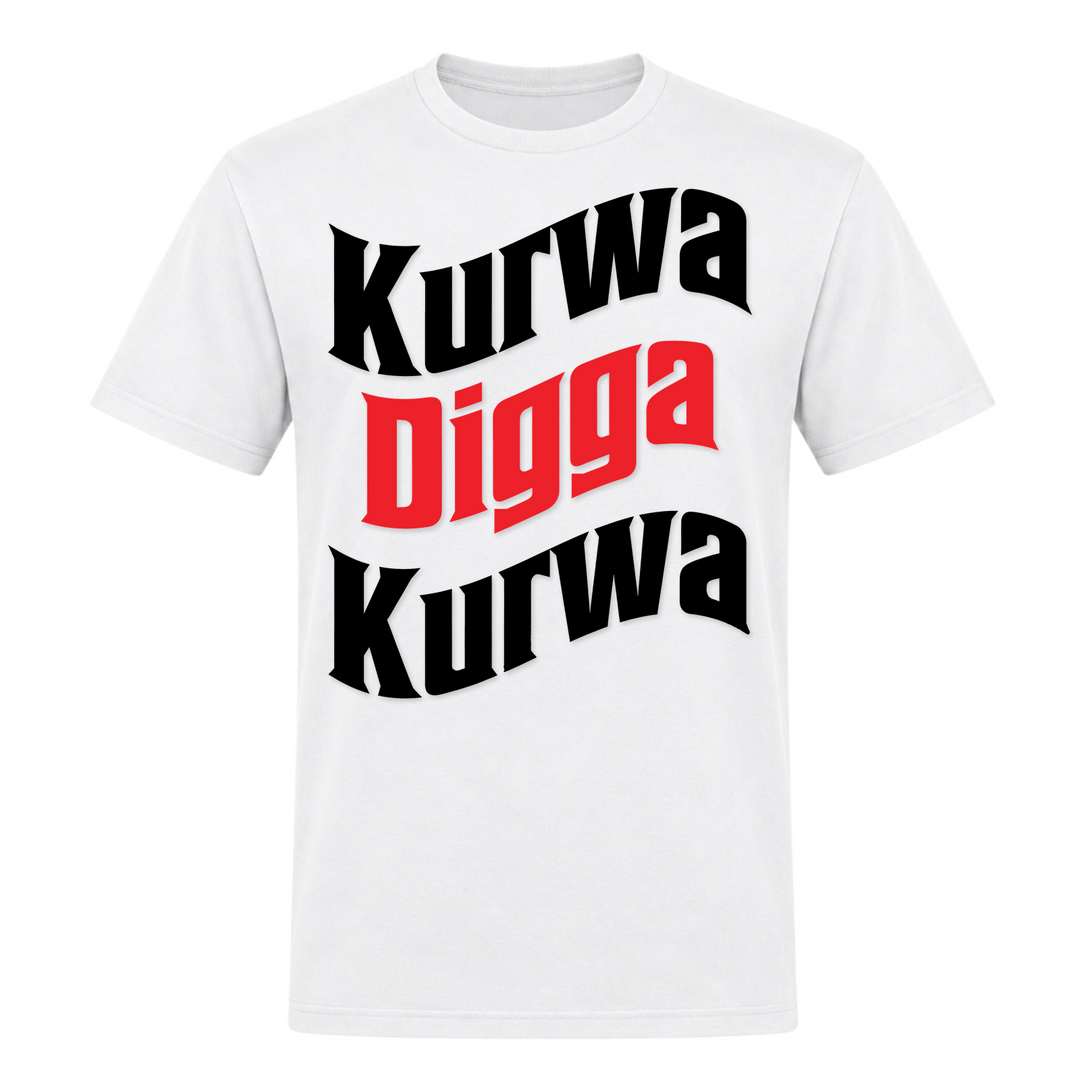 Kurwa Digga Kurwa Unisex T-Shirt in Weiß – Vorderseite – polnischer Spruch