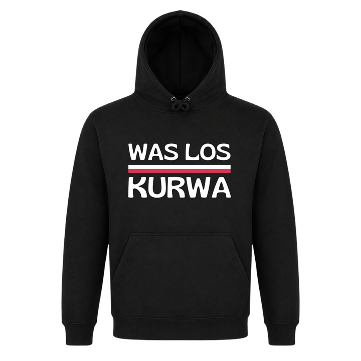 Was los Kurwa Unisex Hoodie in Schwarz – Vorderseite – polnischer Spruch