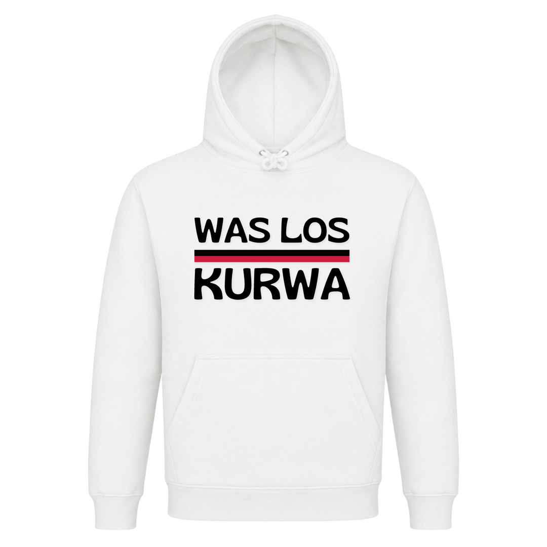 Was los Kurwa Unisex Hoodie in Weiß – Vorderseite – polnischer Spruch