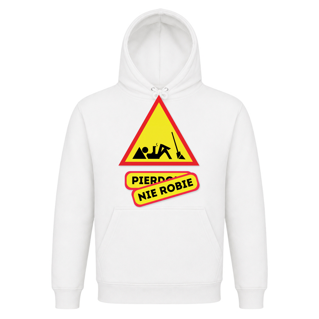 Pierdole Nie Robie Unisex Hoodie in Weiß – Vorderseite – polnischer Spruch