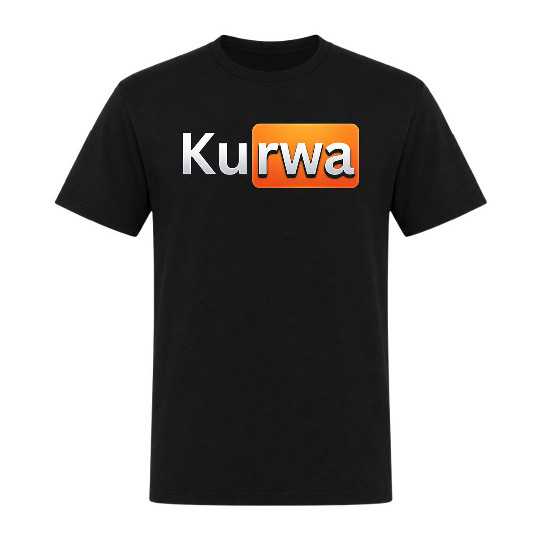 Kurwa Orange Unisex T-Shirt in Schwarz – Vorderseite – polnischer Spruch