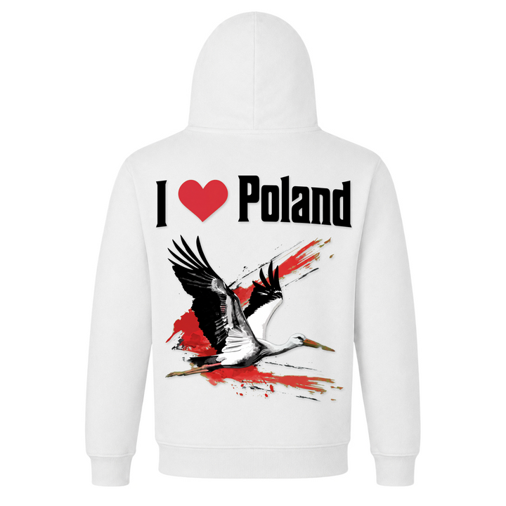 I Love Poland Storch Unisex Hoodie in Weiß – Rückseite mit Rückendruck – polnischer Spruch