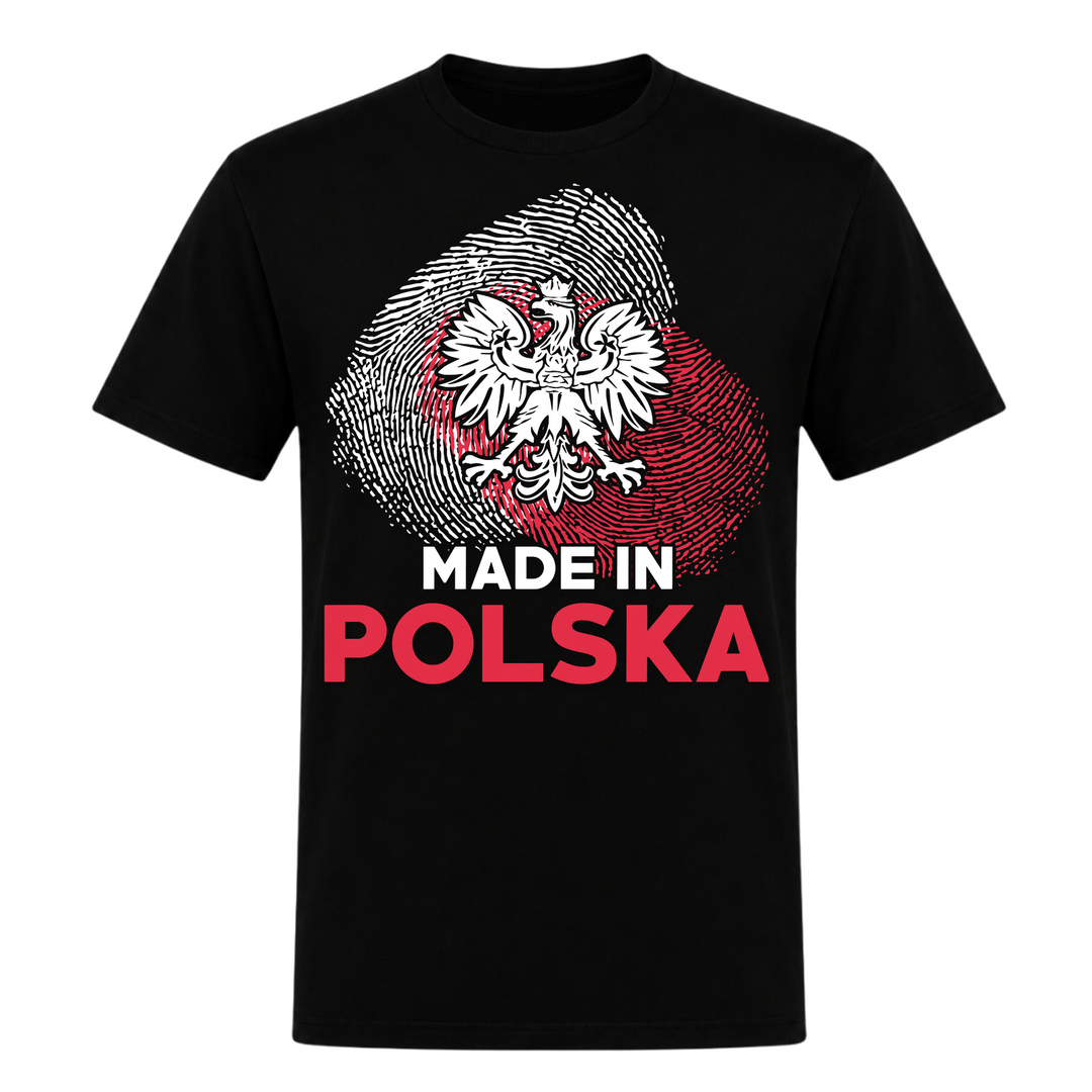 Made in Polska Fingerabdruck Unisex T-Shirt in Schwarz – Vorderseite – polnischer Spruch