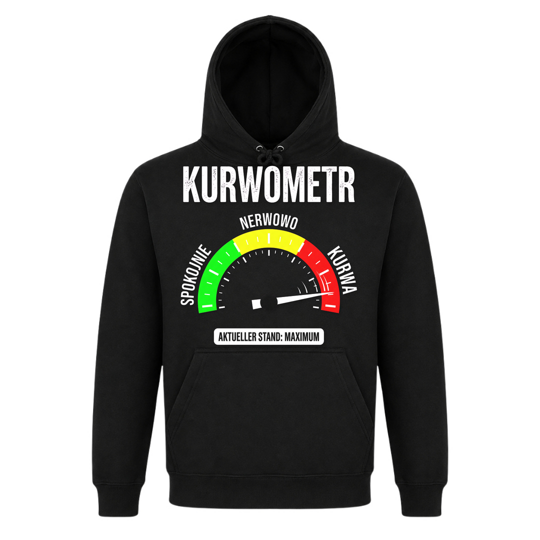 Kurwometr Unisex Hoodie in Schwarz – Vorderseite – polnischer Spruch