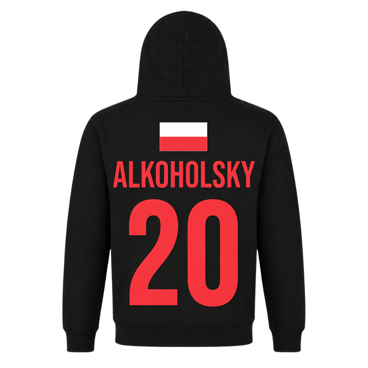 Alkoholsky 20 Trikot Unisex Hoodie in Schwarz – Rückseite mit Rückendruck – polnischer Spruch