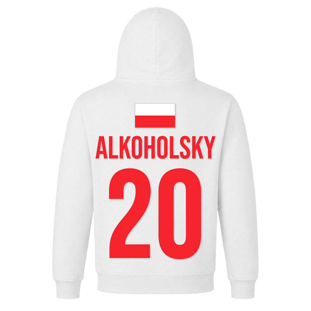Alkoholsky 20 Trikot Unisex Hoodie in Weiß – Rückseite mit Rückendruck – polnischer Spruch