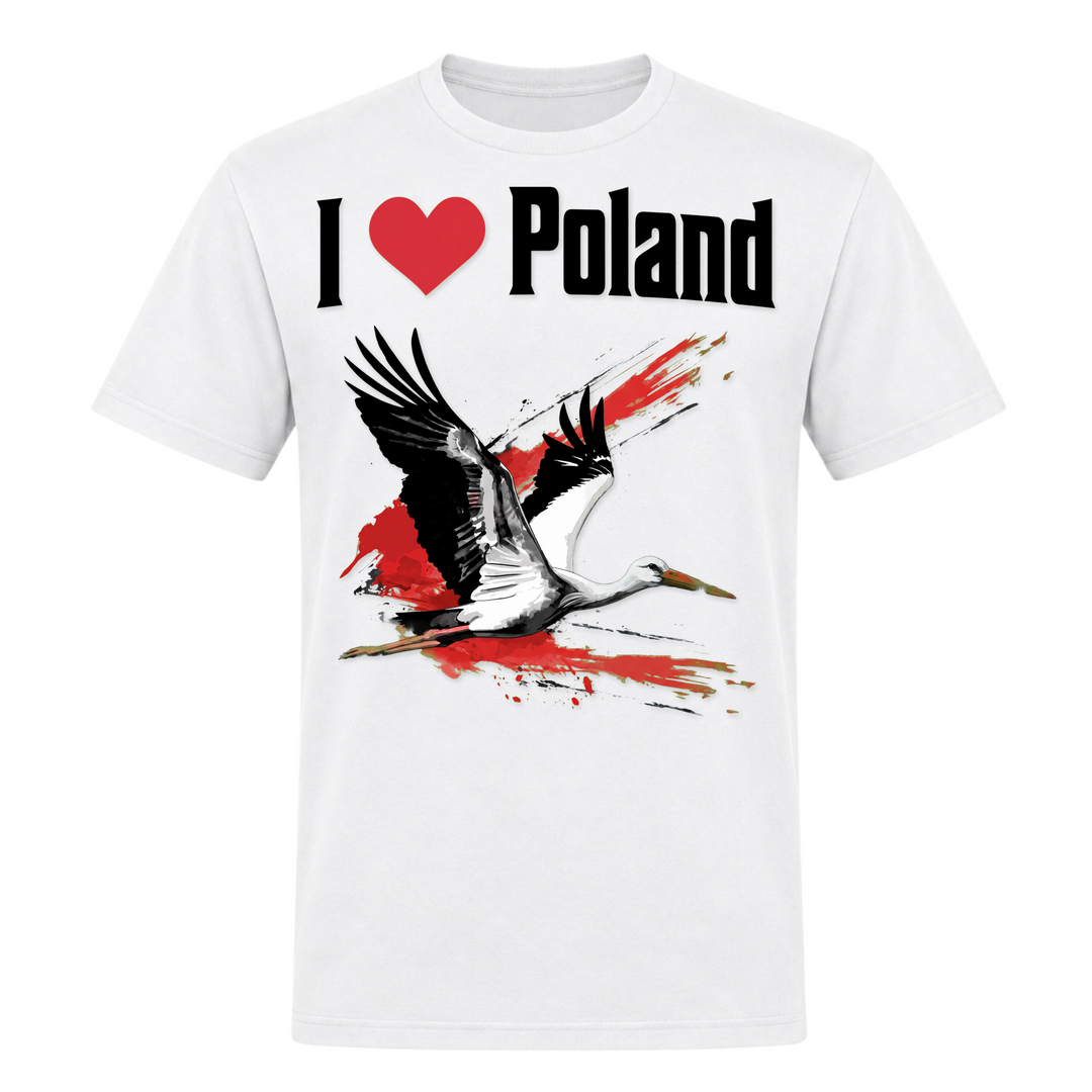 I Love Poland Storch Unisex T-Shirt in Weiß – Vorderseite – polnischer Spruch