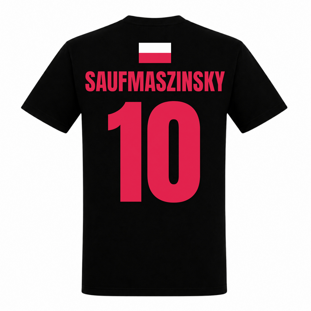 Saufmaszinsky 10 Trikot Unisex T-Shirt in Schwarz – Rückseite mit Rückendruck – polnischer Spruch