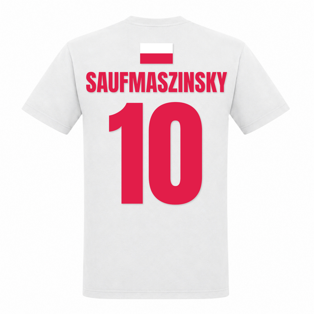 Saufmaszinsky 10 Trikot Unisex T-Shirt in Weiß – Rückseite mit Rückendruck – polnischer Spruch