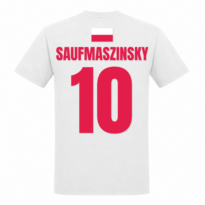 Saufmaszinsky 10 Trikot Unisex T-Shirt in Weiß – Rückseite mit Rückendruck – polnischer Spruch