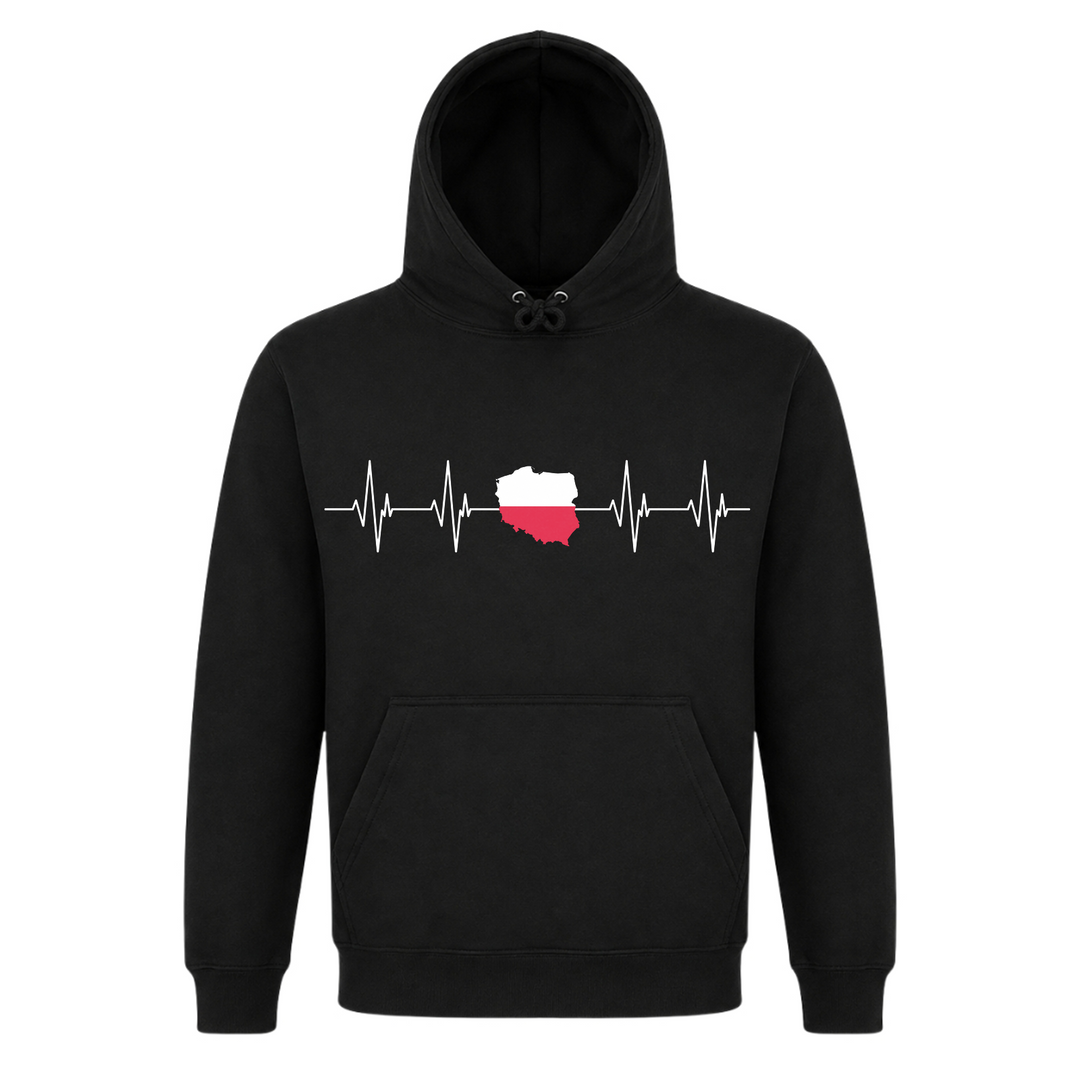 Herzschlag Polska Unisex Hoodie in Schwarz – Vorderseite – polnischer Spruch