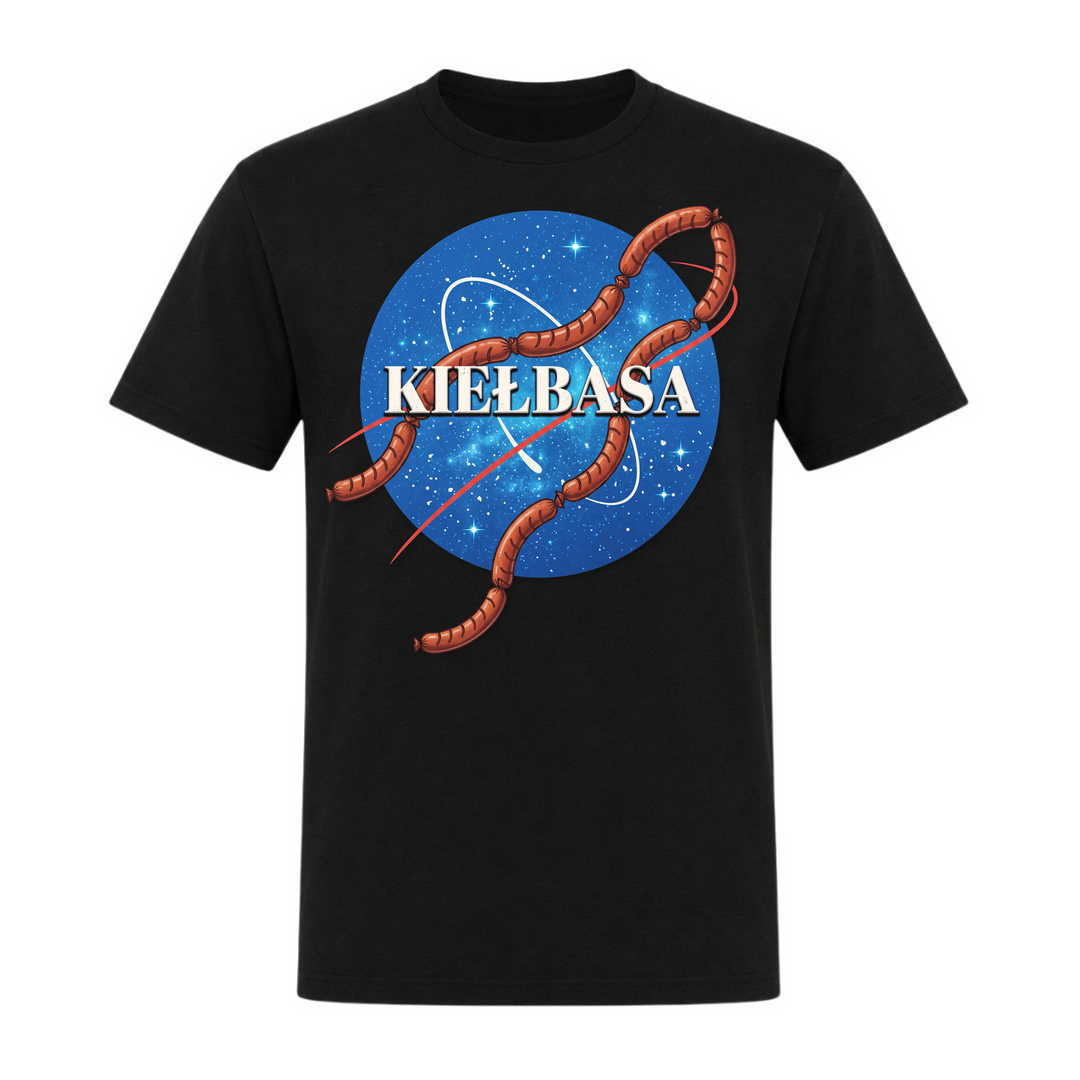 Kiełbasa Space Unisex T-Shirt in Schwarz – Vorderseite – polnischer Spruch