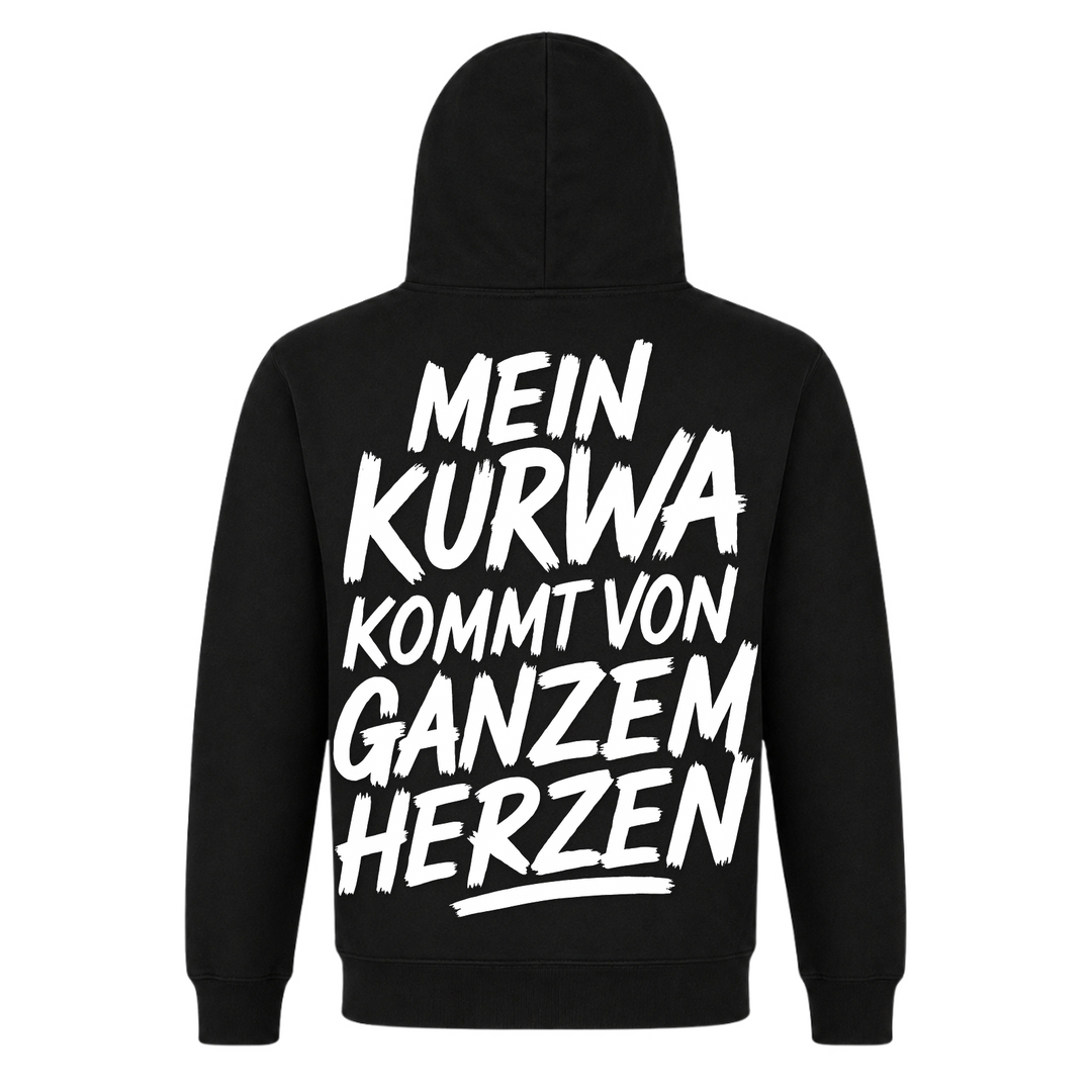 Mein Kurwa kommt von ganzem Herzen Unisex Hoodie in Schwarz – Rückseite mit Rückendruck – polnischer Spruch