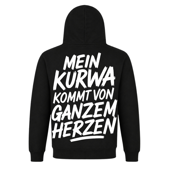 Mein Kurwa kommt von ganzem Herzen Unisex Hoodie in Schwarz – Rückseite mit Rückendruck – polnischer Spruch
