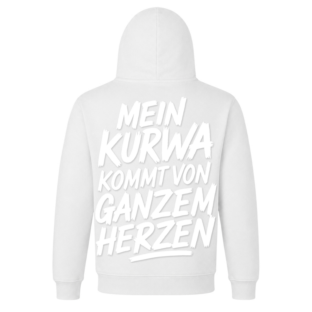 Mein Kurwa kommt von ganzem Herzen Unisex Hoodie in Weiß – Rückseite mit Rückendruck – polnischer Spruch