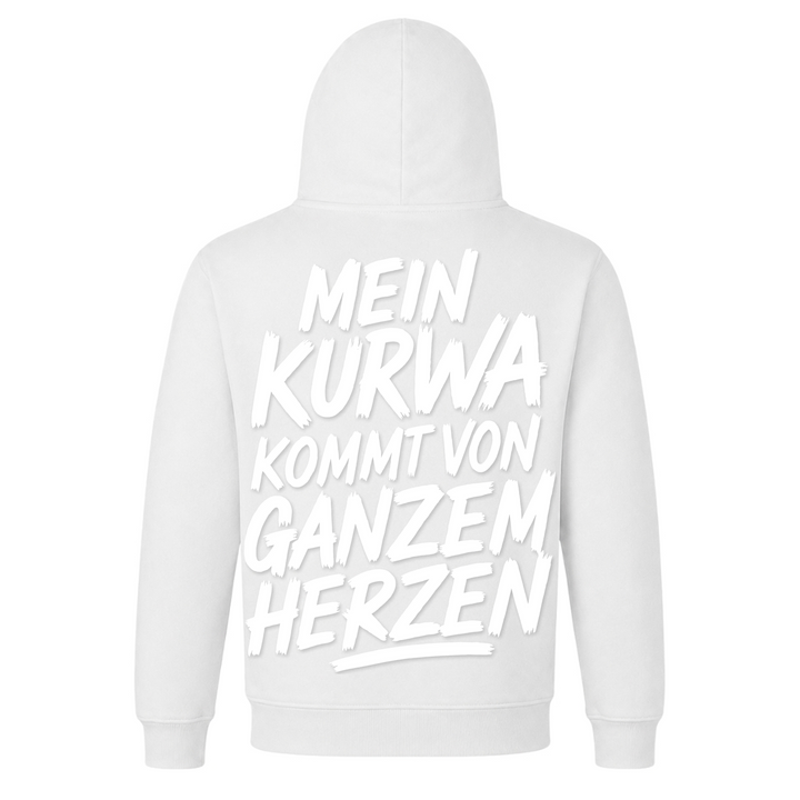 Mein Kurwa kommt von ganzem Herzen Unisex Hoodie in Weiß – Rückseite mit Rückendruck – polnischer Spruch