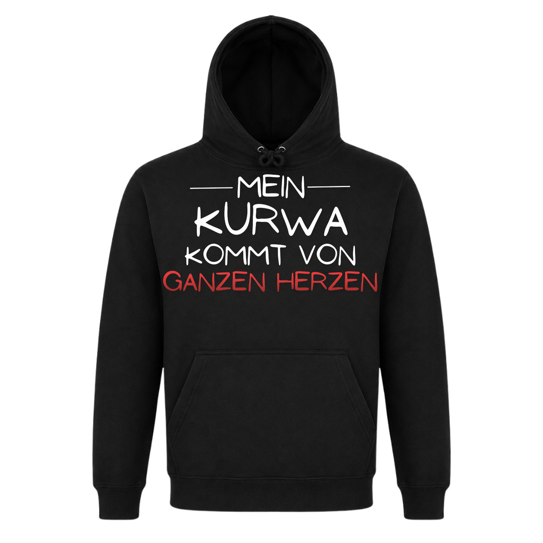 Mein Kurwa kommt von Herzen Unisex Hoodie in Schwarz – Vorderseite – polnischer Spruch