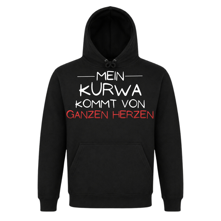 Mein Kurwa kommt von Herzen Unisex Hoodie in Schwarz – Vorderseite – polnischer Spruch
