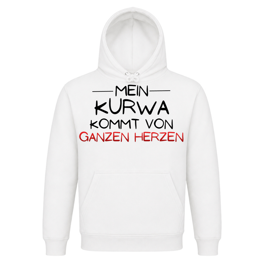 Mein Kurwa kommt von Herzen Unisex Hoodie in Weiß – Vorderseite – polnischer Spruch