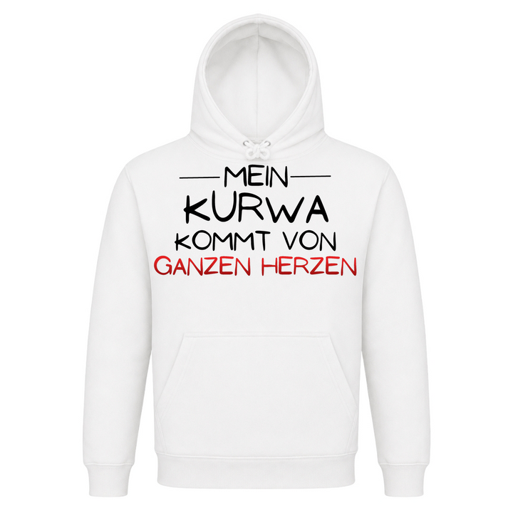 Mein Kurwa kommt von Herzen Unisex Hoodie in Weiß – Vorderseite – polnischer Spruch