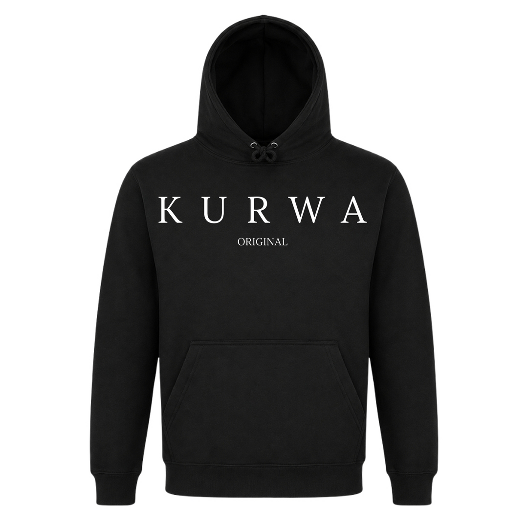 Kurwa Original Unisex Hoodie in Schwarz – Vorderseite – polnischer Spruch
