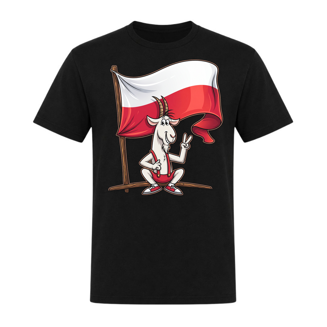 Ziege mit Polen-Flagge Unisex T-Shirt in Schwarz – Vorderseite – polnischer Spruch