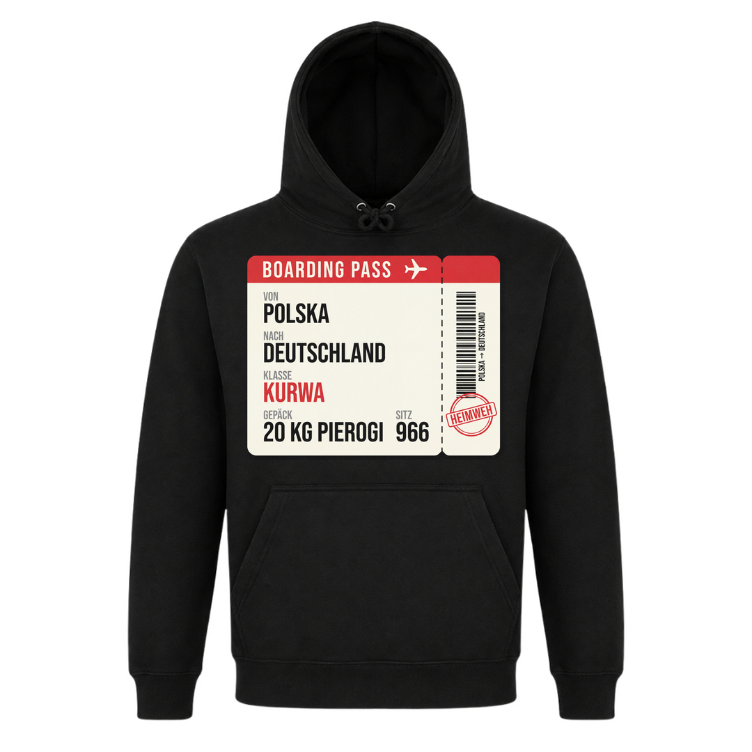 Boarding Pass Polska Deutschland Unisex Hoodie in Schwarz – Vorderseite – polnischer Spruch