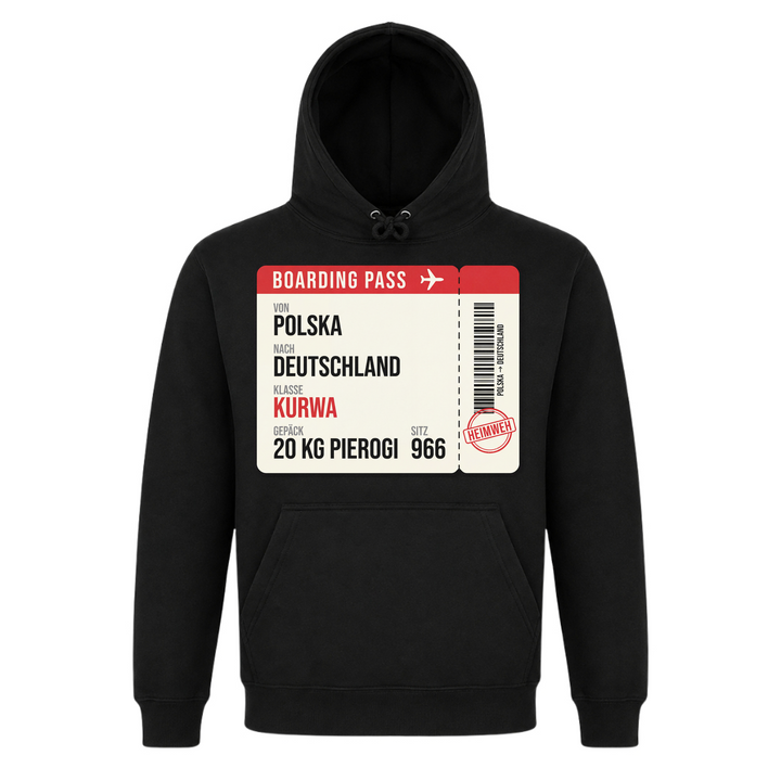 Boarding Pass Polska Deutschland Unisex Hoodie in Schwarz – Vorderseite – polnischer Spruch