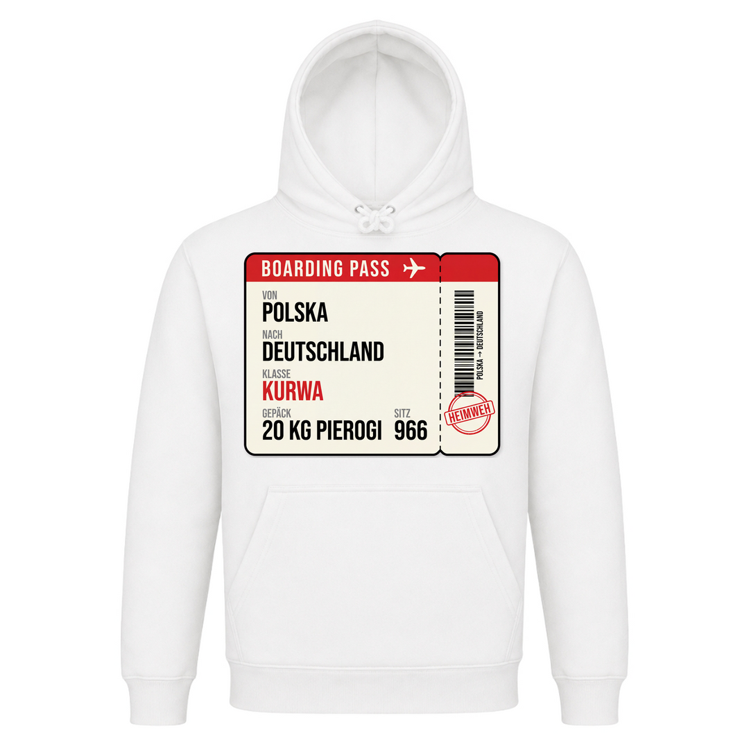 Boarding Pass Polska Deutschland Unisex Hoodie in Weiß – Vorderseite – polnischer Spruch